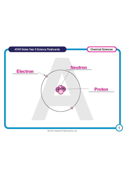 Year 9 Science flashcards by ATAR Notes, featuring an atom diagram with electron, neutron, and proton labels.