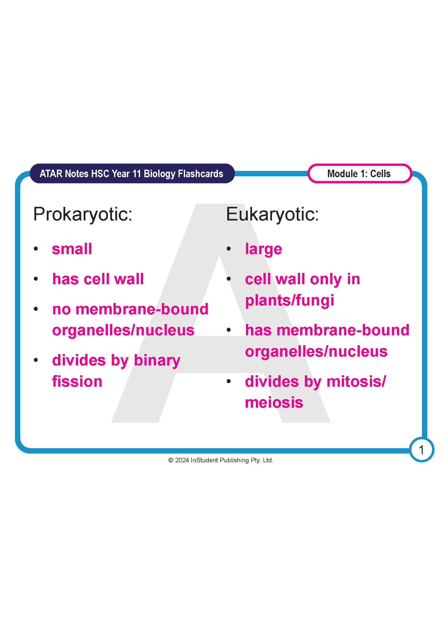 HSC Year 11 Biology flashcard from ATAR Notes comparing prokaryotic and eukaryotic cells, with pink text and a blue border.