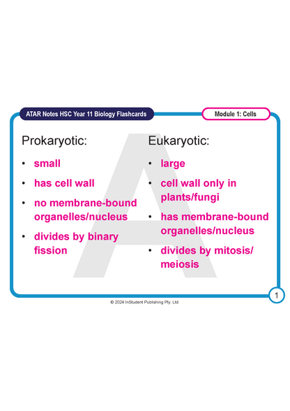 HSC Year 11 Biology flashcard from ATAR Notes comparing prokaryotic and eukaryotic cells, with pink text and a blue border.