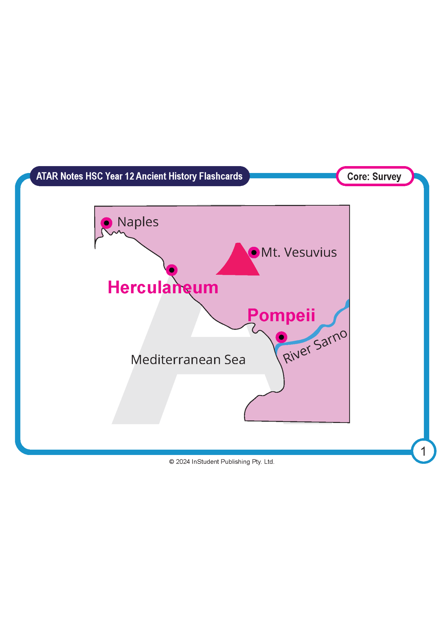 HSC Year 12 Ancient History flashcard by ATAR Notes, displaying a map of Pompeii, Herculaneum, Mt. Vesuvius, and Naples.