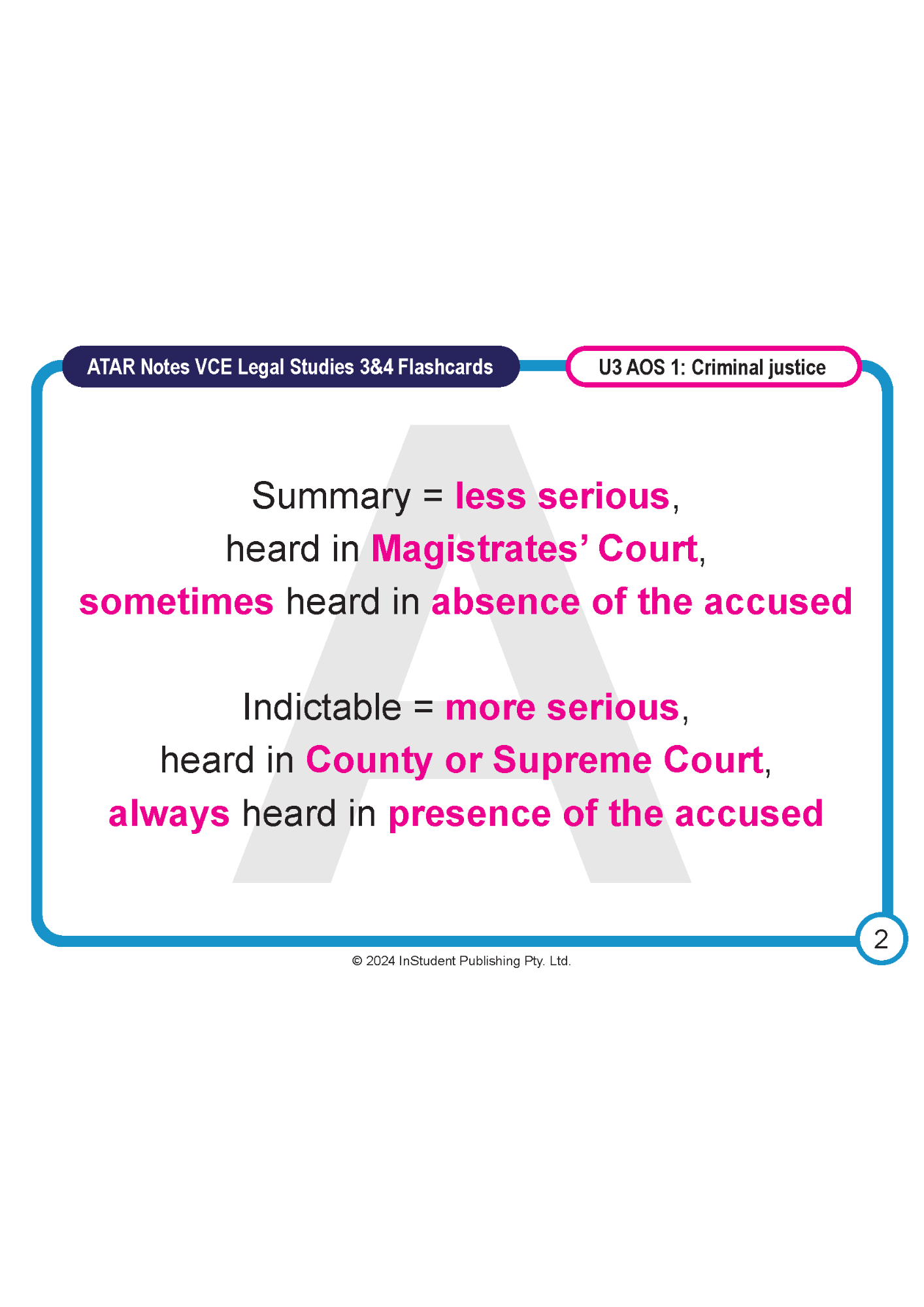 Flashcards for VCE Legal Studies 3&4 by ATAR Notes, a white card with blue borders displaying criminal justice definitions, page 2.