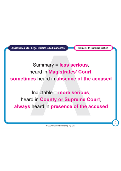 Flashcards for VCE Legal Studies 3&4 by ATAR Notes, a white card with blue borders displaying criminal justice definitions, page 2.