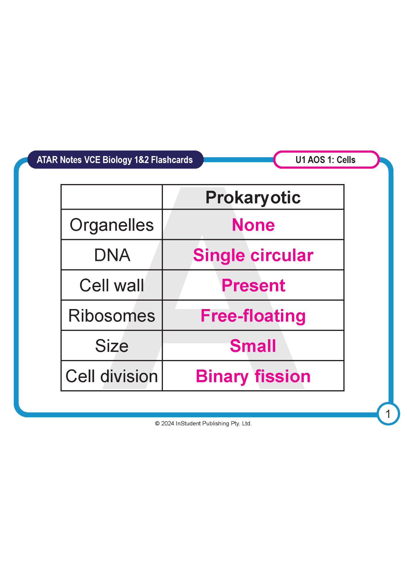 VCE Biology 1&2 flashcards by ATAR Notes, displaying prokaryotic cell features in a table with pink text answers.
