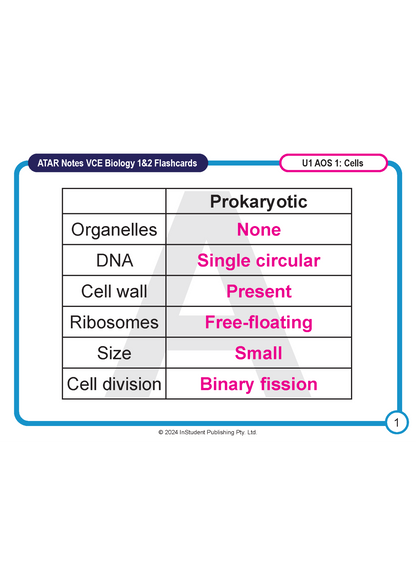 VCE Biology 1&2 flashcards by ATAR Notes, displaying prokaryotic cell features in a table with pink text answers.