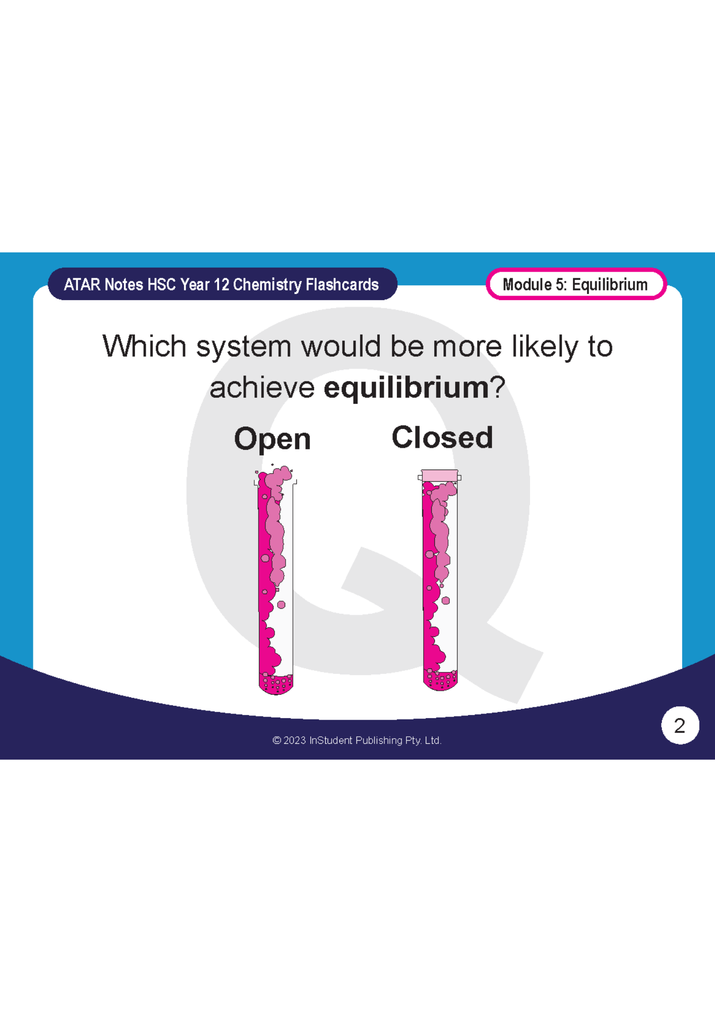 Chemistry Flashcards by ATAR Notes for HSC Year 12, showing an equilibrium question with open and closed test tubes.