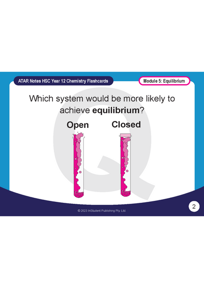 Chemistry Flashcards by ATAR Notes for HSC Year 12, showing an equilibrium question with open and closed test tubes.