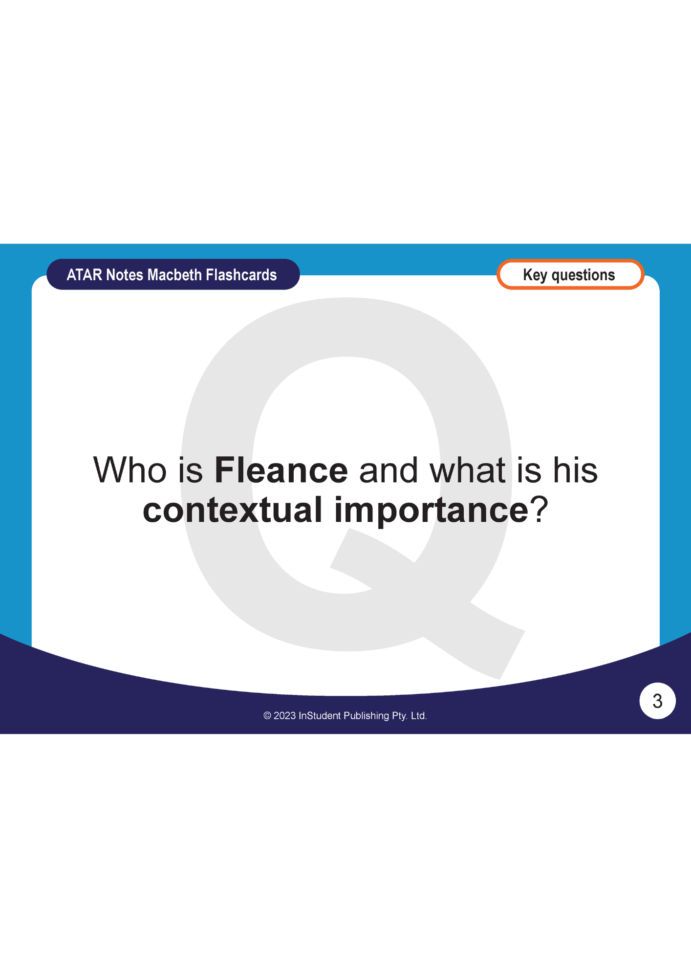 Macbeth flashcard by ATAR Notes, showing a key question about Fleance with a large faint 'Q' on a blue and white design.