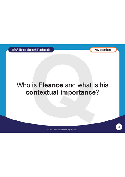 Macbeth flashcard by ATAR Notes, showing a key question about Fleance with a large faint 'Q' on a blue and white design.