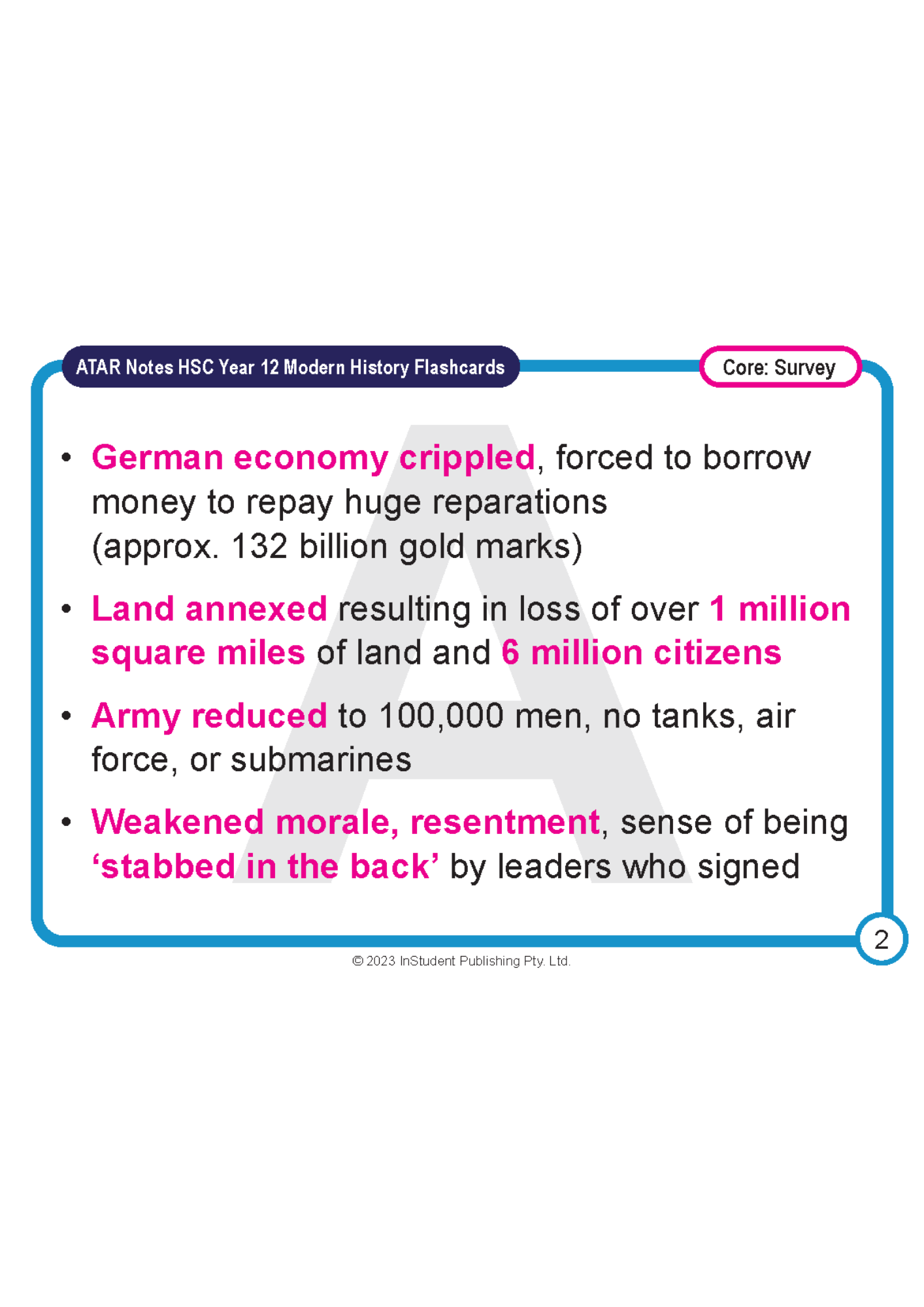 HSC Year 12 Modern History flashcard by ATAR Notes, detailing German economic, territorial, and military impacts, with dark blue and pink headings.