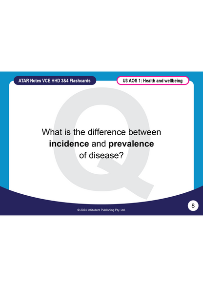 VCE Health and Human Development (HHD) Units 3&4 flashcards by ATAR Notes, with a question about incidence and prevalence of disease.