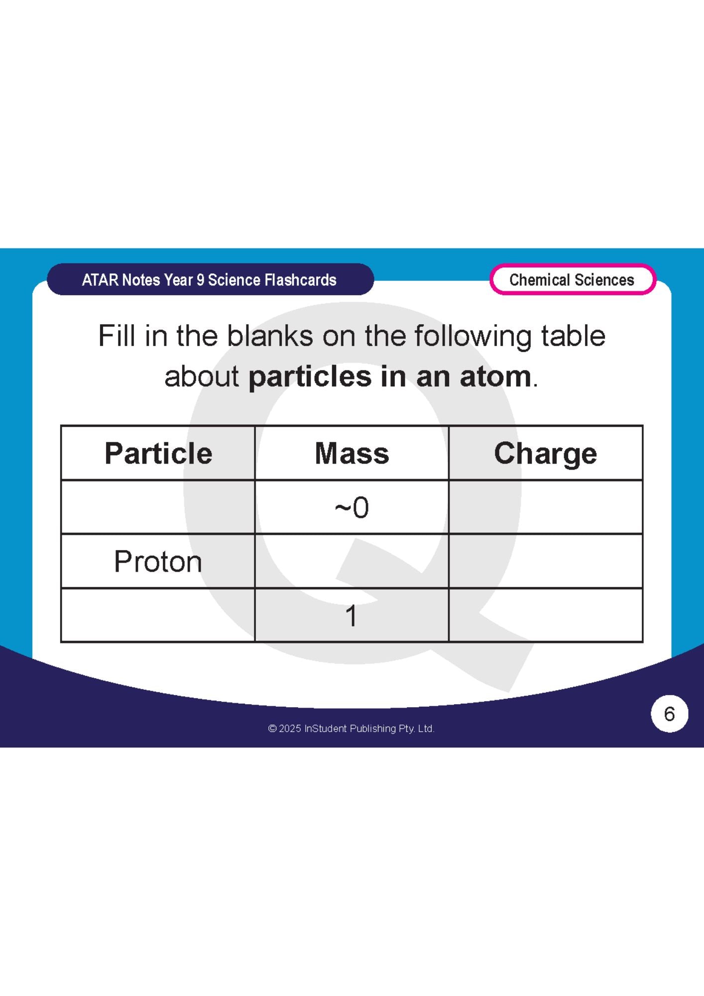 Year 9 Science flashcard by ATAR Notes, showing a table about atomic particles with proton and mass values.
