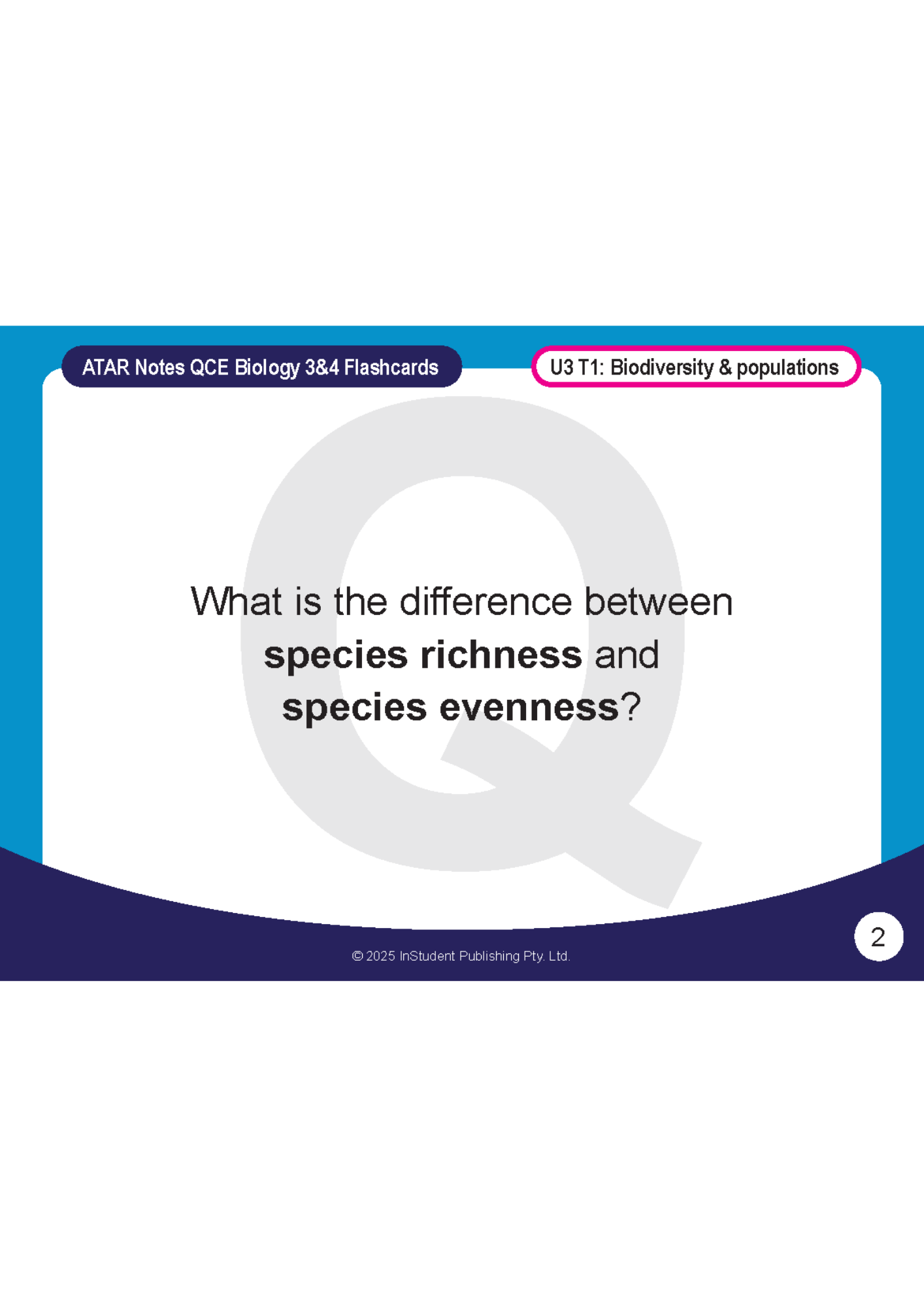 Blue and white biology flashcard by ATAR Notes, asking about species richness and evenness.