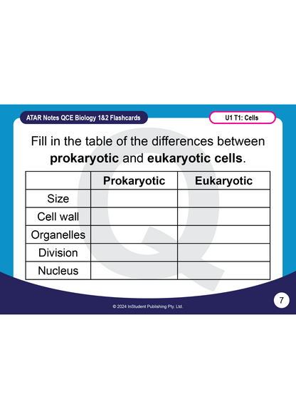 Digital biology flashcard by ATAR Notes, showing a table comparing prokaryotic and eukaryotic cells with a blue and purple design.