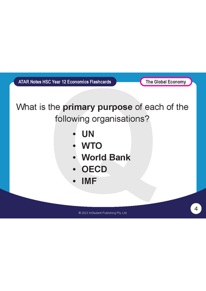 Year 12 Economics flashcards by ATAR Notes, showing a question about the purpose of global organisations like UN, WTO, and IMF.