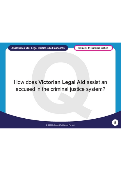 VCE Legal Studies 3&4 Flashcards by ATAR Notes, a white flashcard with blue accents, showing a question on Victorian Legal Aid and the topic 'U3 AOS 1: Criminal justice'.
