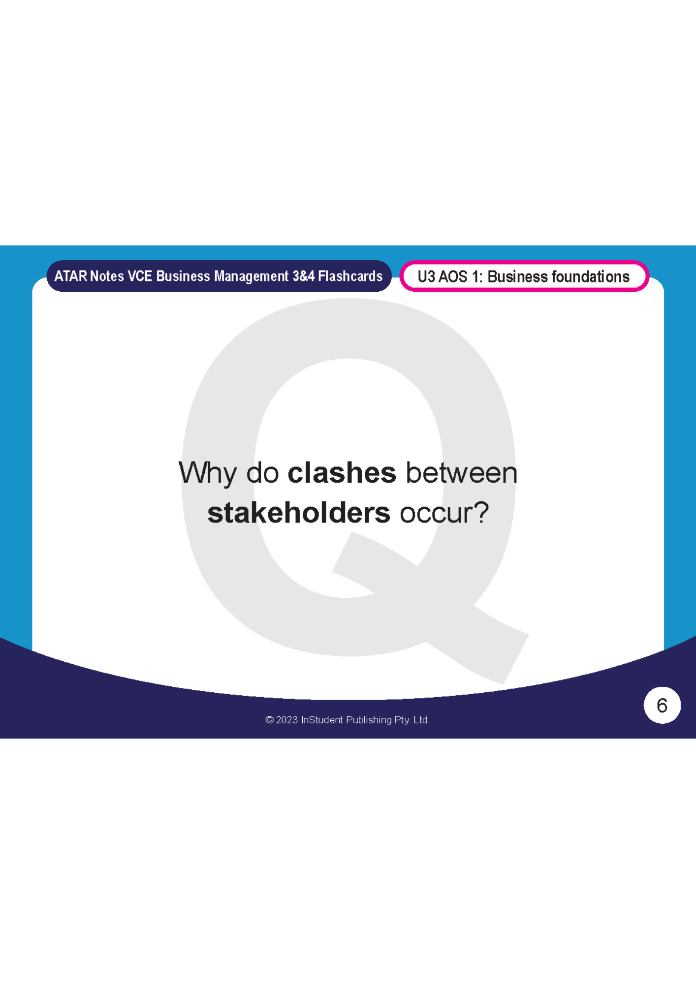 Flashcards for VCE Business Management 3&4 by ATAR Notes, featuring 'U3 AOS 1: Business foundations' and the question 'Why do clashes between stakeholders occur?', with page 6.
