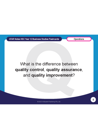 HSC Year 12 Business Studies flashcard from ATAR Notes, white with blue and purple, asking about quality management.