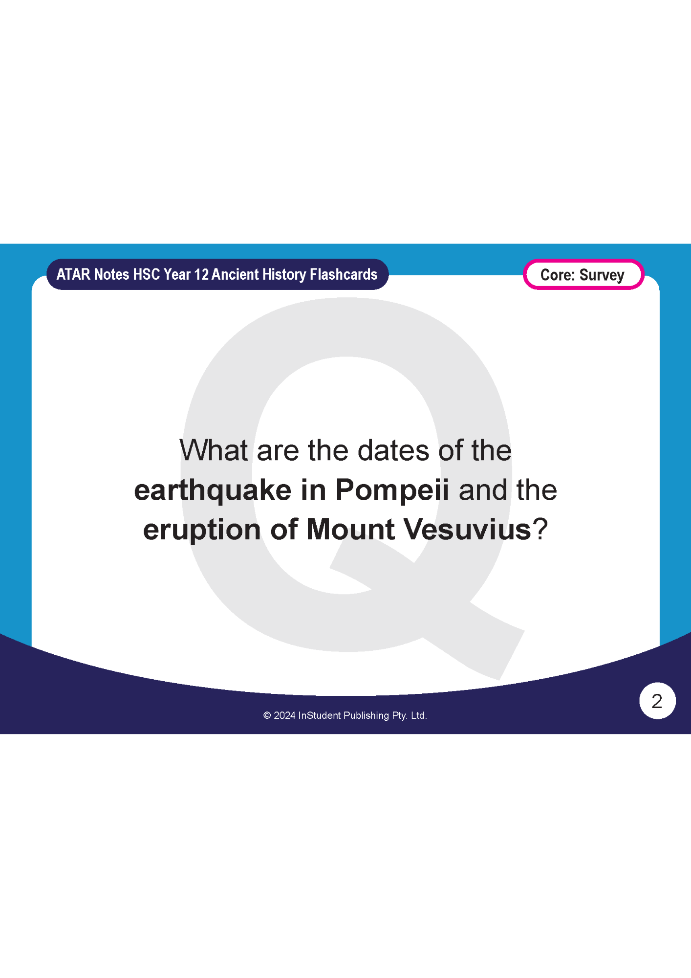 HSC Year 12 Ancient History flashcard by ATAR Notes, white with blue and purple borders, posing a question about Pompeii.