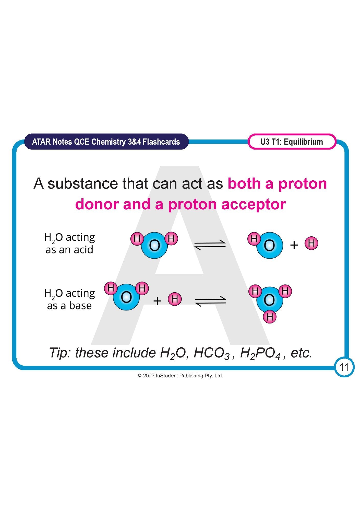 Chemistry 3&4 Flashcards by ATAR Notes, displaying a definition of amphoteric substances with water molecule diagrams.