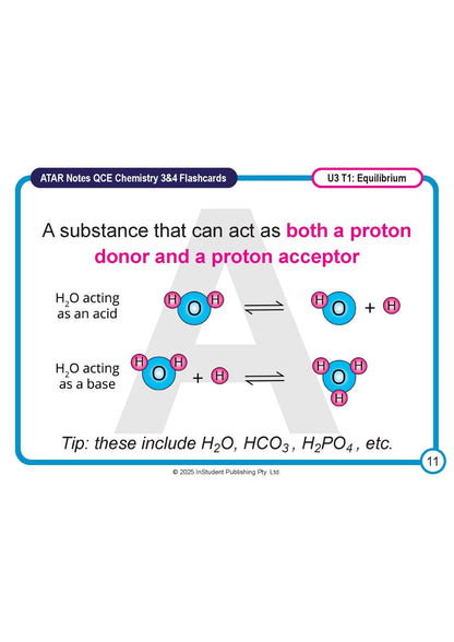 Chemistry 3&4 Flashcards by ATAR Notes, displaying a definition of amphoteric substances with water molecule diagrams.