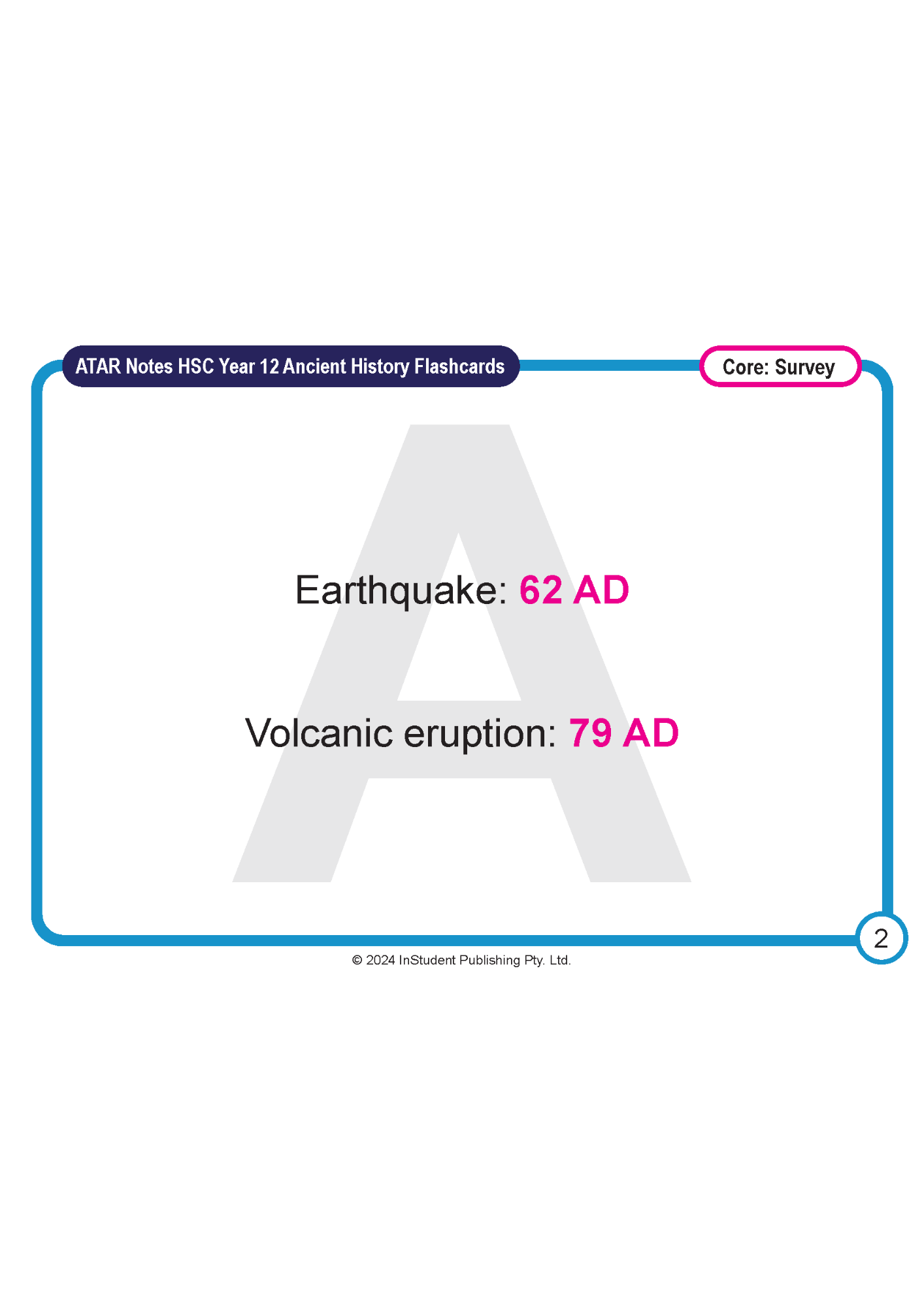HSC Year 12 Ancient History Flashcards by ATAR Notes, white page detailing 62 AD earthquake and 79 AD volcanic eruption.