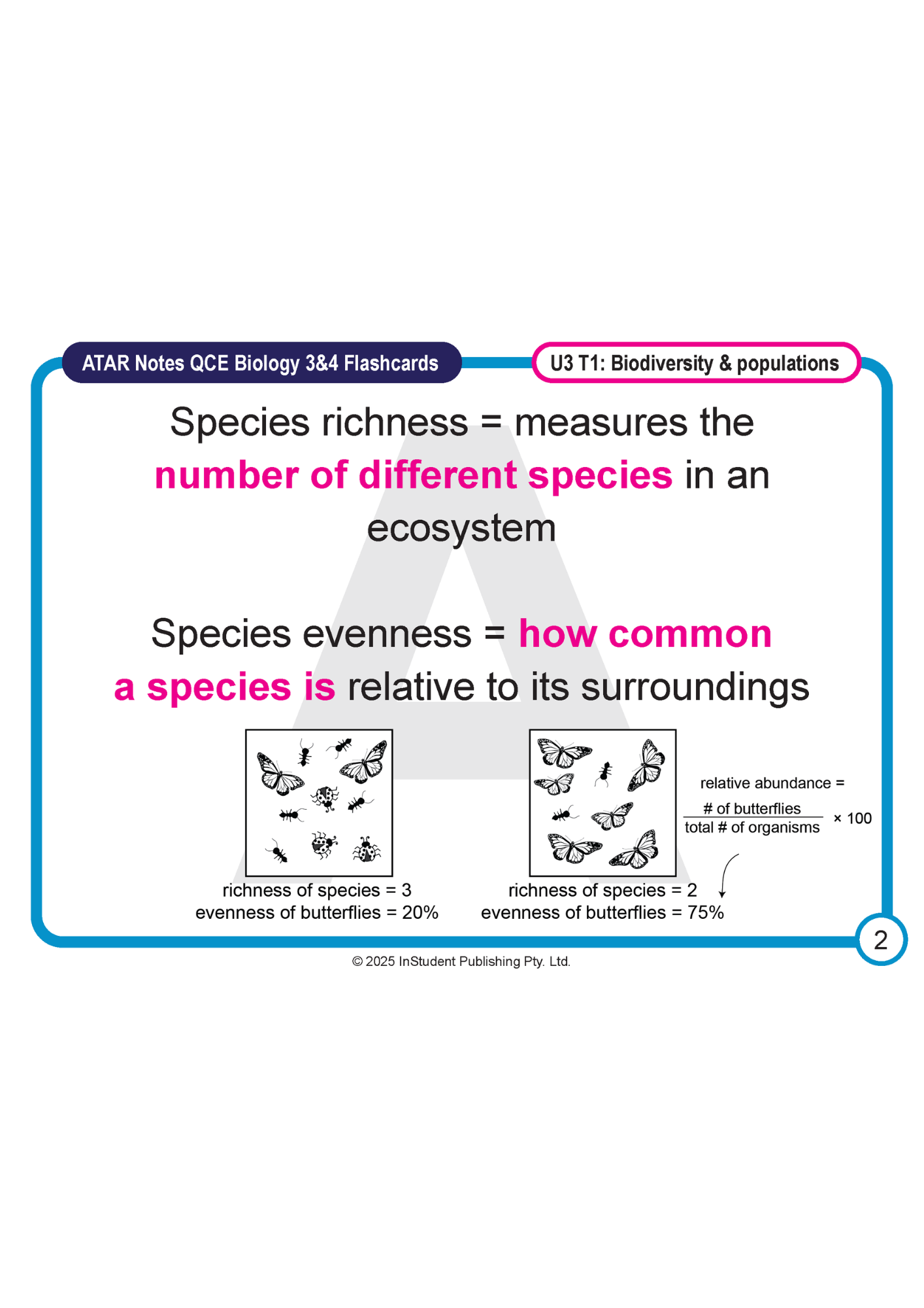 Biology flashcard by ATAR Notes, defining species richness and evenness with example insect illustrations.