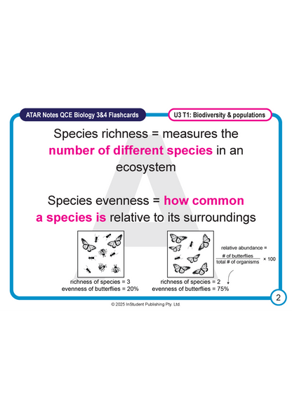 Biology flashcard by ATAR Notes, defining species richness and evenness with example insect illustrations.