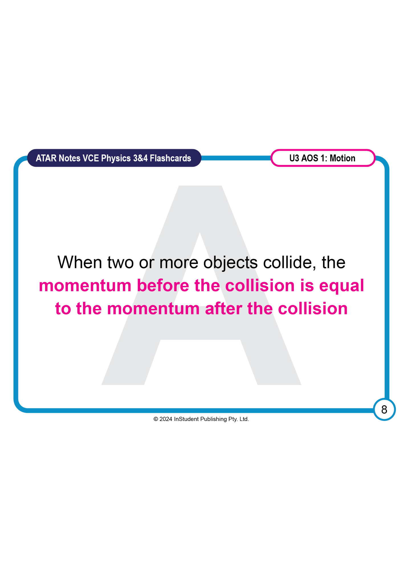 Physics flashcard by ATAR Notes with a blue border, dark blue and pink banners, displaying text about momentum.