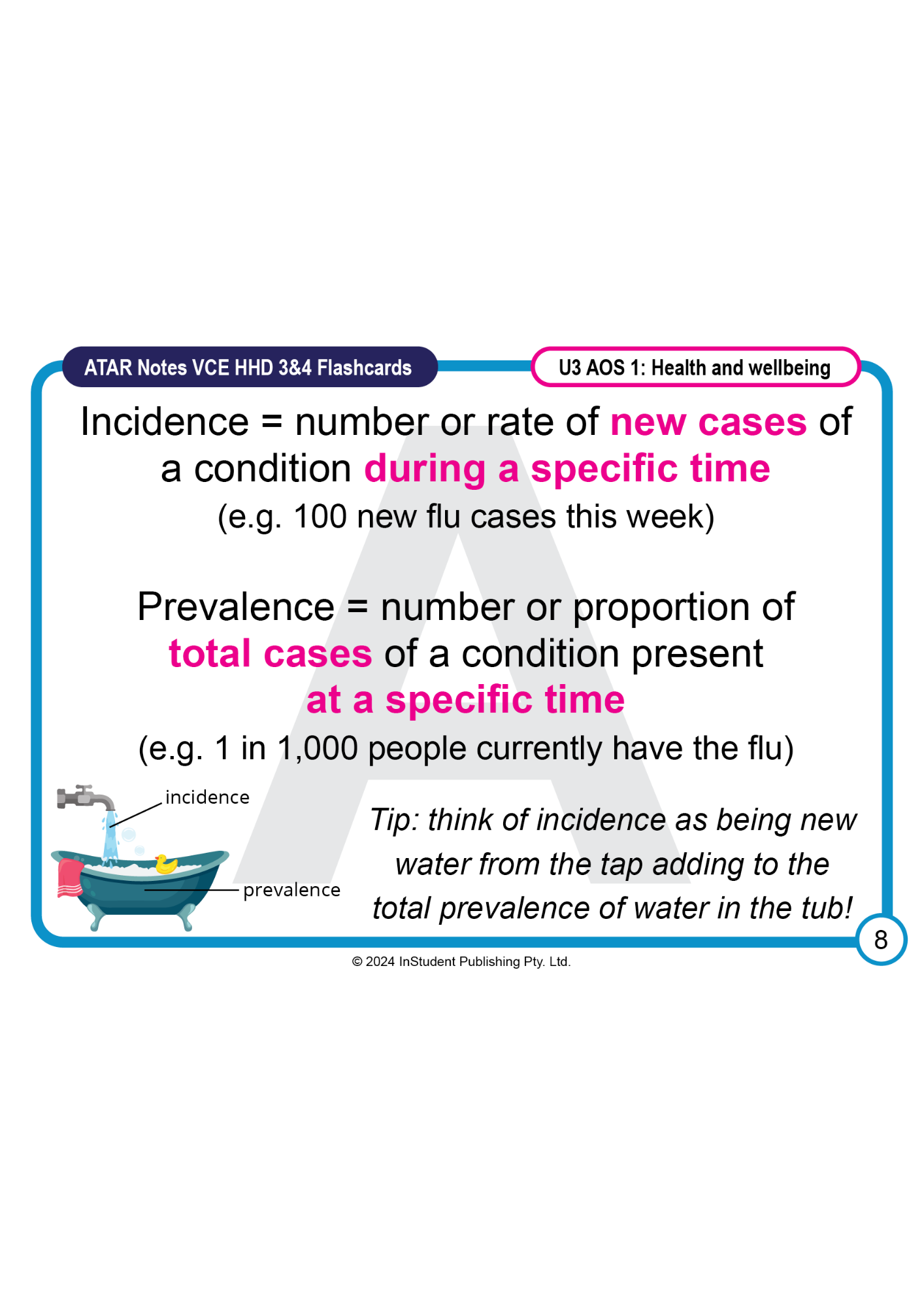 Study flashcard for VCE HHD Units 3&4 from ATAR Notes, defining incidence and prevalence with a bathtub illustration.