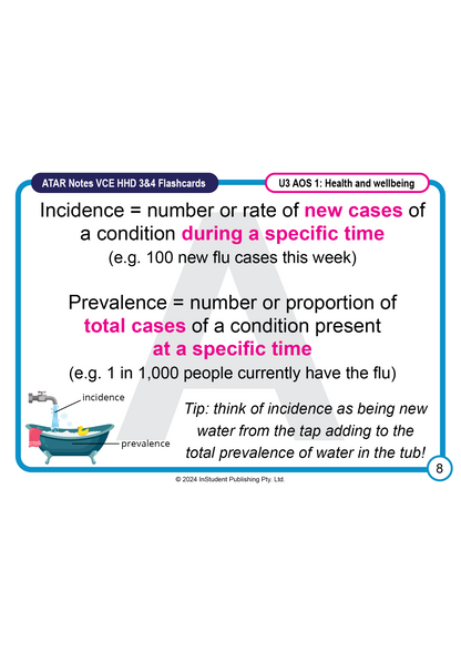 Study flashcard for VCE HHD Units 3&4 from ATAR Notes, defining incidence and prevalence with a bathtub illustration.