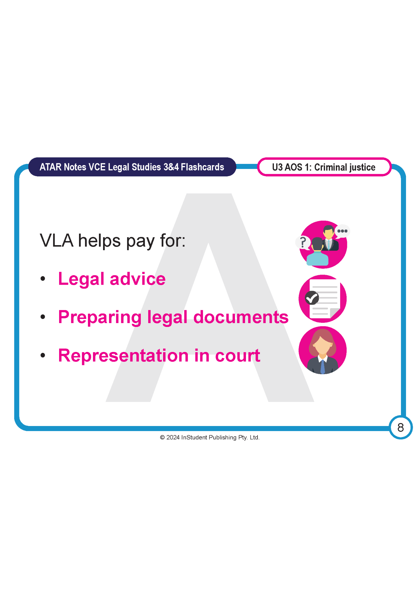VCE Legal Studies 3&4 flashcards by ATAR Notes, displaying a page on criminal justice covering VLA services like legal advice and court representation, with three thematic icons.