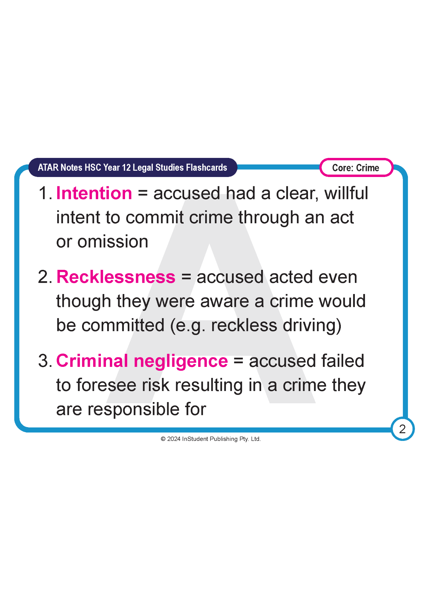 HSC Year 12 Legal Studies flashcard from ATAR Notes, white with blue borders, outlining key crime definitions.