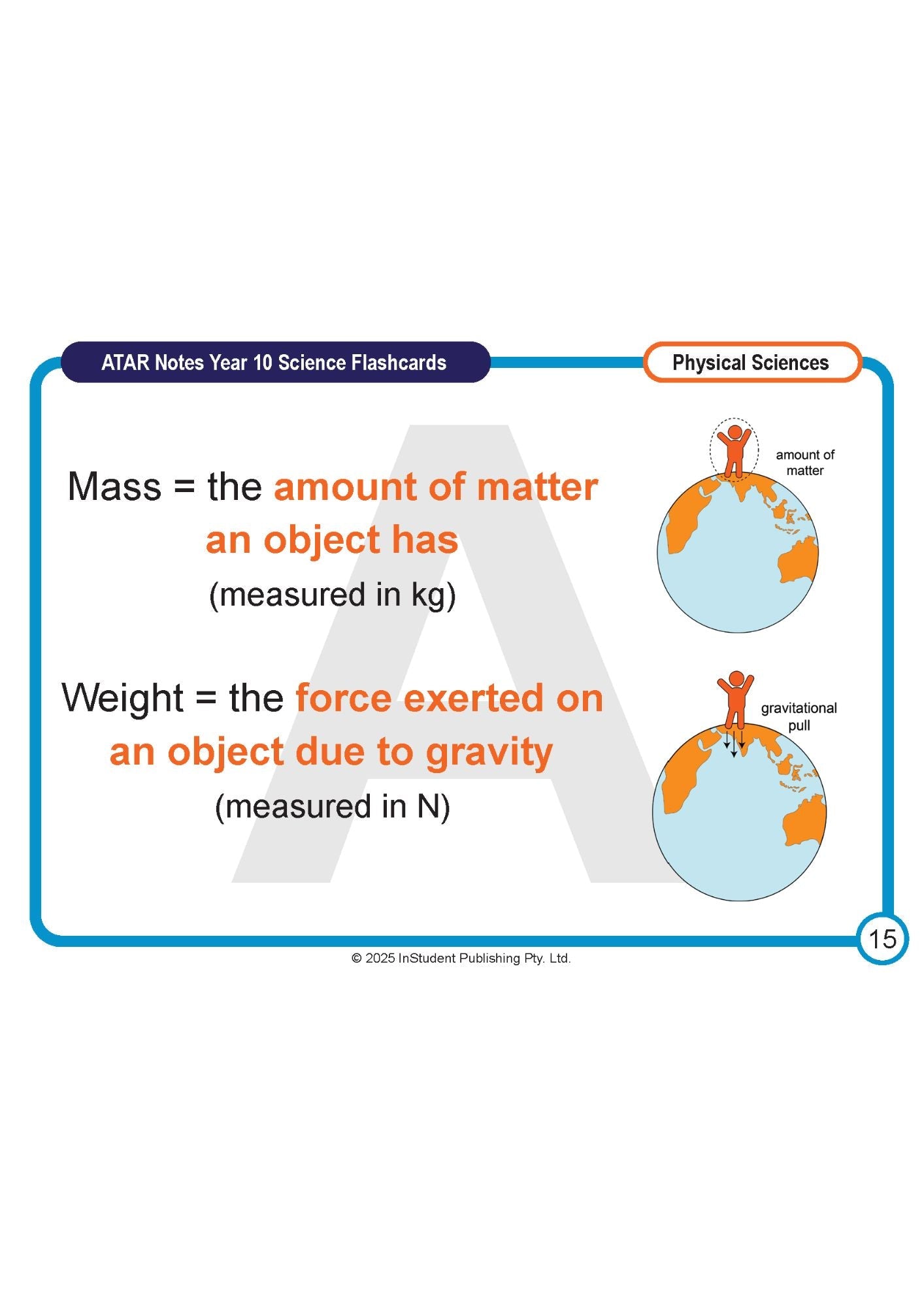 Year 10 Science flashcard from ATAR Notes defining mass and weight with accompanying Earth illustrations and a blue border.