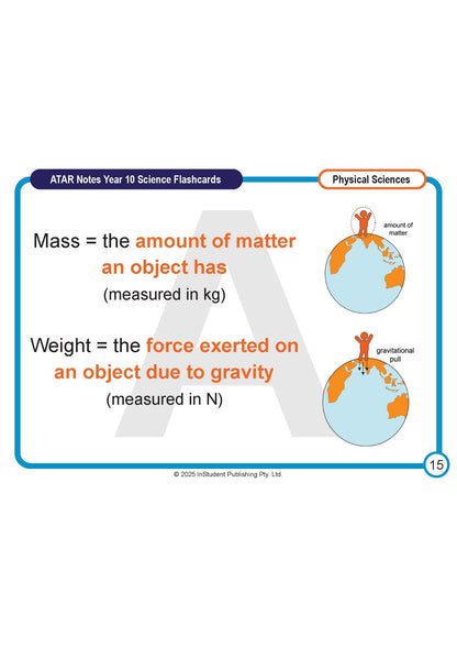 Year 10 Science flashcard from ATAR Notes defining mass and weight with accompanying Earth illustrations and a blue border.