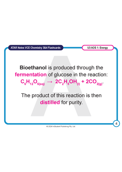 Chemistry flashcard by ATAR Notes detailing bioethanol fermentation, with a chemical equation, pink highlighted text, and a blue border.