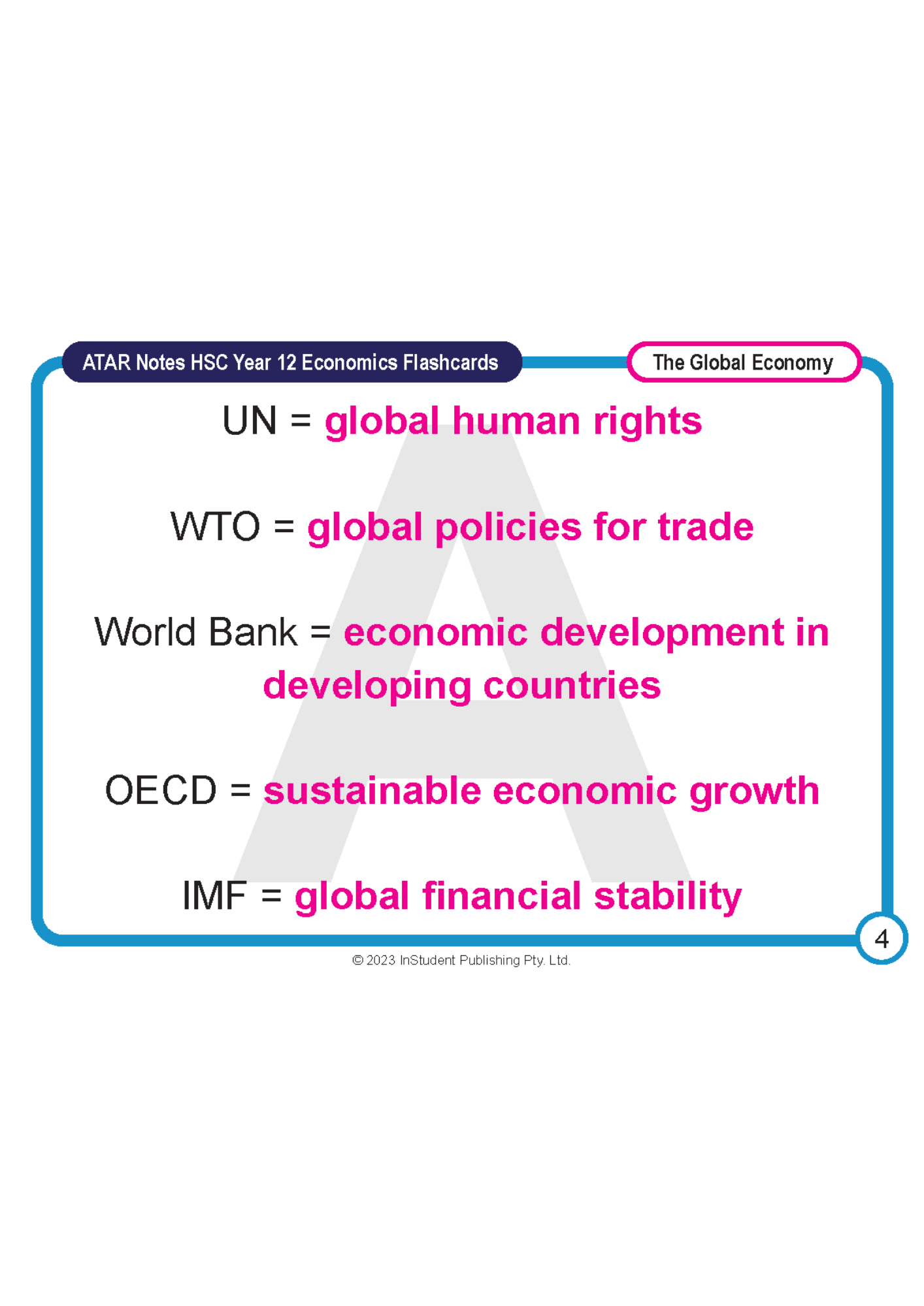 Single Year 12 Economics flashcard from ATAR Notes with a light blue border, showing global economic organization definitions in pink text.