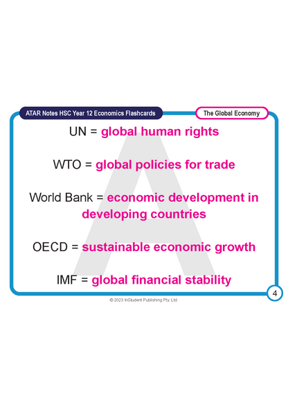 Single Year 12 Economics flashcard from ATAR Notes with a light blue border, showing global economic organization definitions in pink text.