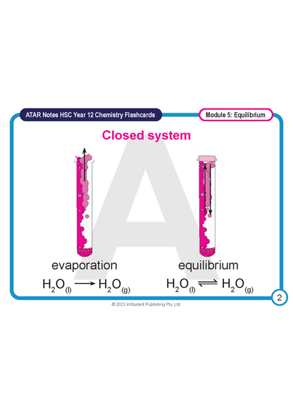 A digital flashcard by ATAR Notes for HSC Year 12 Chemistry, illustrating evaporation and equilibrium with diagrams and equations.