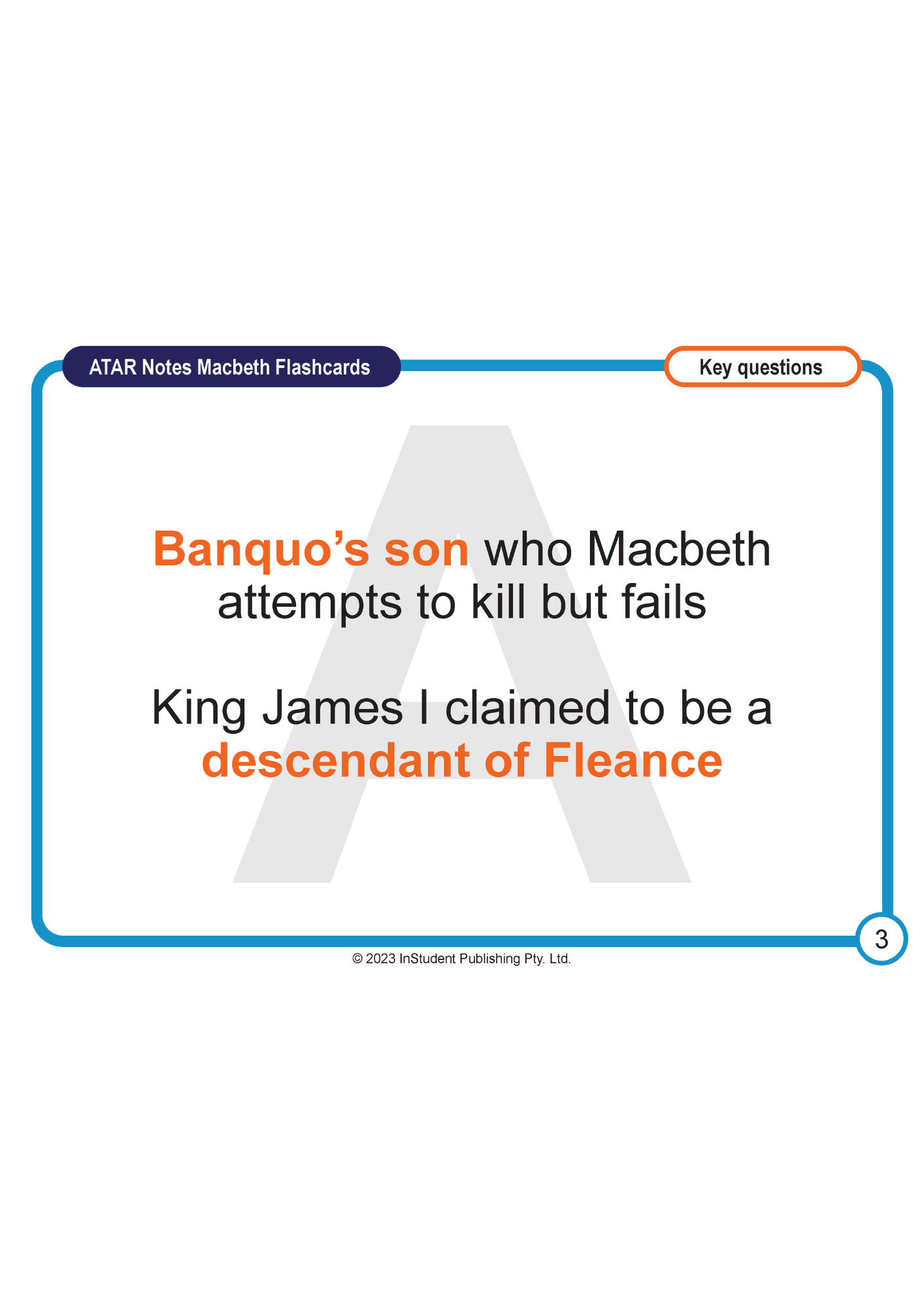 Macbeth study flashcards by ATAR Notes, featuring orange and black text on white, with a blue border and page number 3.