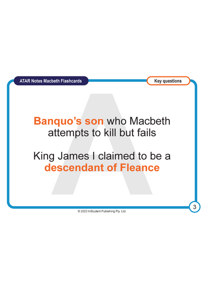 Macbeth study flashcards by ATAR Notes, featuring orange and black text on white, with a blue border and page number 3.
