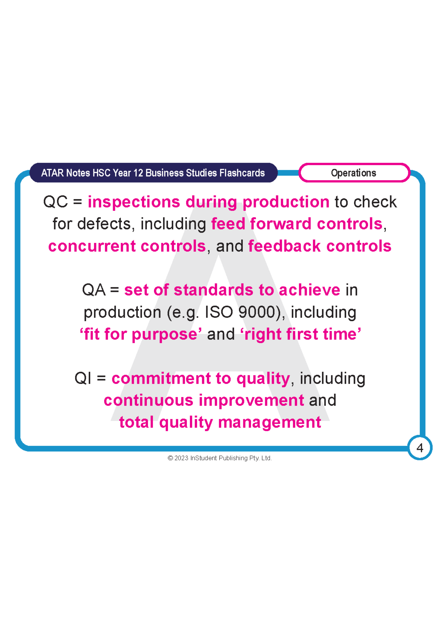 Educational flashcard by ATAR Notes for HSC Year 12 Business Studies, defining quality terms with pink highlighted text on a white background.