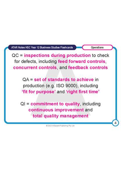 Educational flashcard by ATAR Notes for HSC Year 12 Business Studies, defining quality terms with pink highlighted text on a white background.