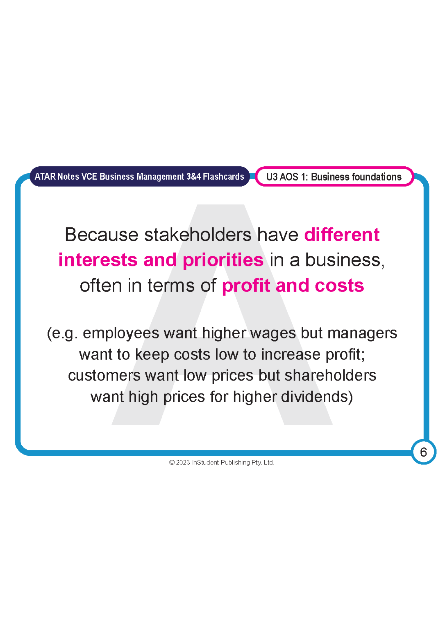 VCE Business Management 3&4 Flashcards by ATAR Notes, showing a page with text about stakeholder interests and priorities, with blue and pink design.