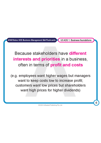VCE Business Management 3&4 Flashcards by ATAR Notes, showing a page with text about stakeholder interests and priorities, with blue and pink design.