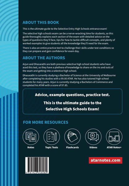 Dark blue Selective Schools Exam guide by ATAR Notes, detailing contents, authors, and study resources on its cover.