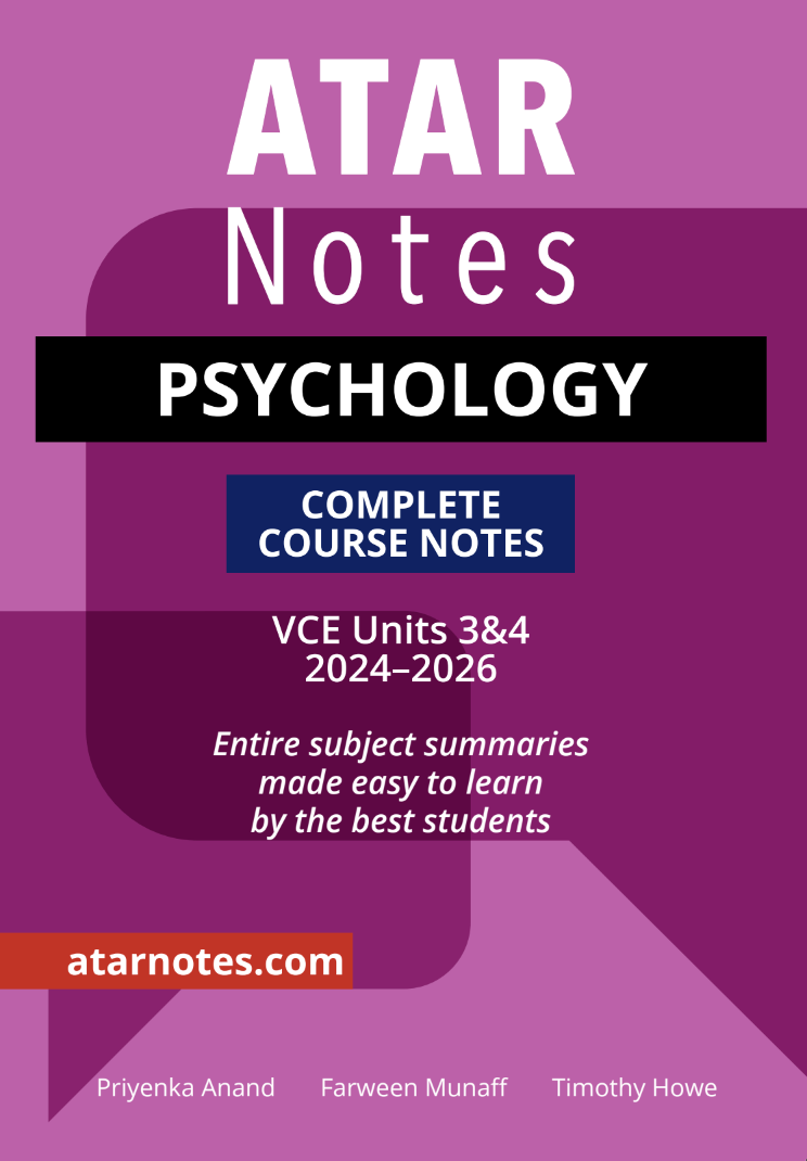 Purple Psychology Complete Course Notes by ATAR Notes, with white, black, and blue text for VCE Units 3&4 (2024-2026).