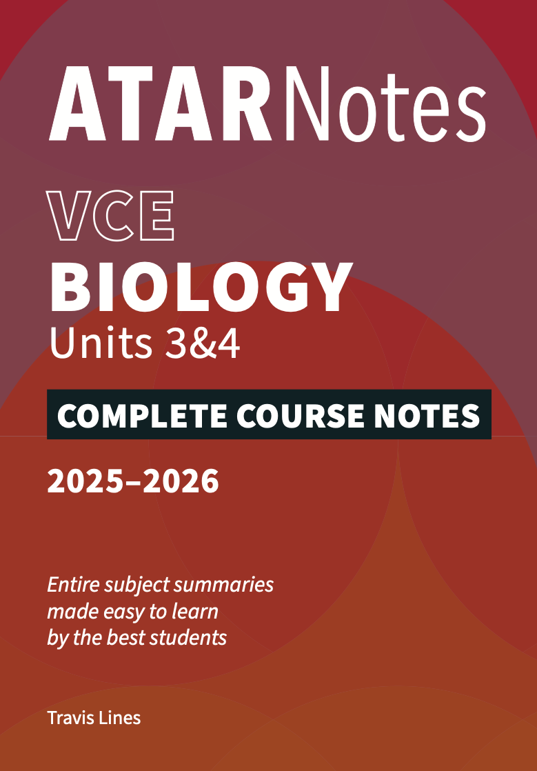 Reddish-brown VCE Biology Units 3&4 Course Notes by ATAR Notes, with abstract curves and prominent white text.