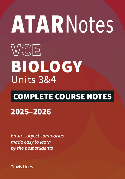 Reddish-brown VCE Biology Units 3&4 Course Notes by ATAR Notes, with abstract curves and prominent white text.