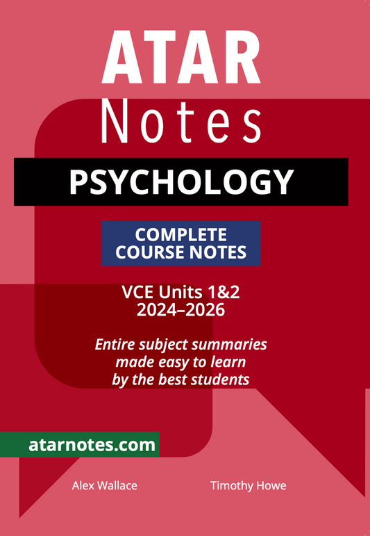 Complete Course Notes for VCE Psychology 1&2 (2024-2026) by ATAR Notes, featuring a red and dark red cover with white title text.