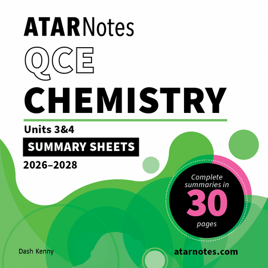 QCE Chemistry Units 3&4 Summary Sheets for 2026-2028 by ATARNotes, featuring abstract green and pink shapes on a white background, noting 'Complete summaries in 30 pages'.